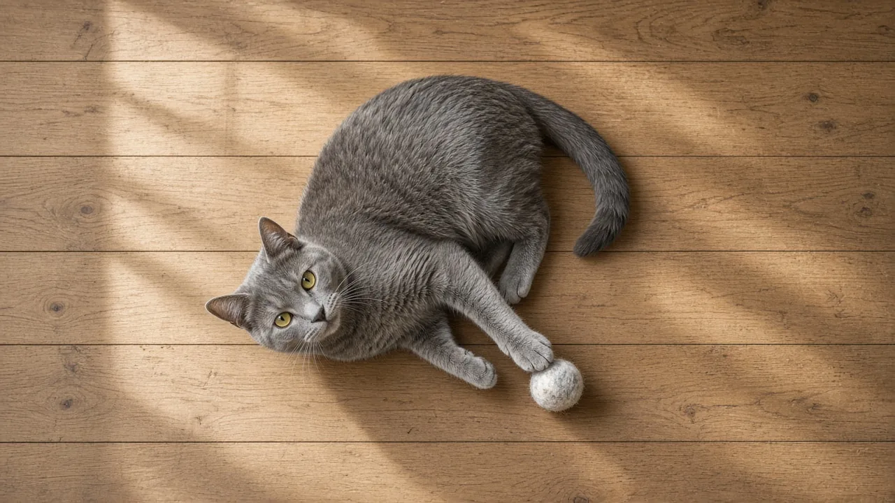 Do senior cats still play with toys? An older cat gently bats a soft ball on wood floor.
