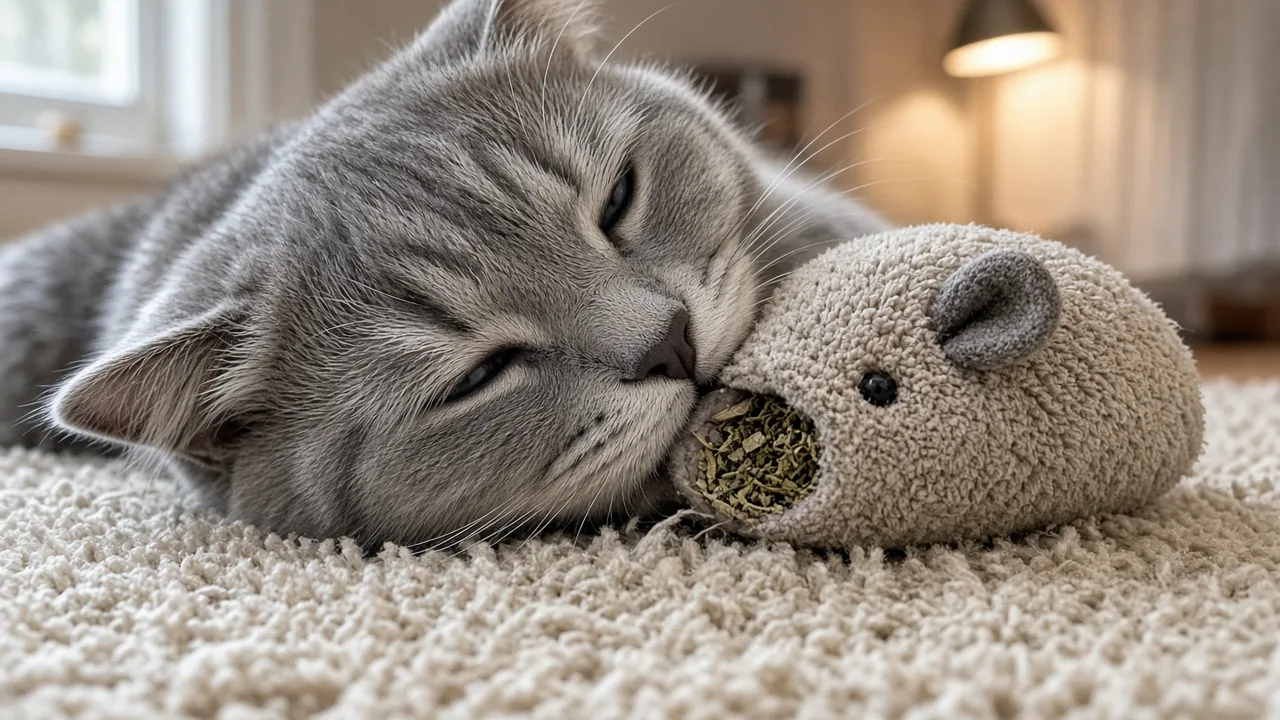 Do senior cats still play with toys? An older cat sniffs and rubs a catnip plush mouse.