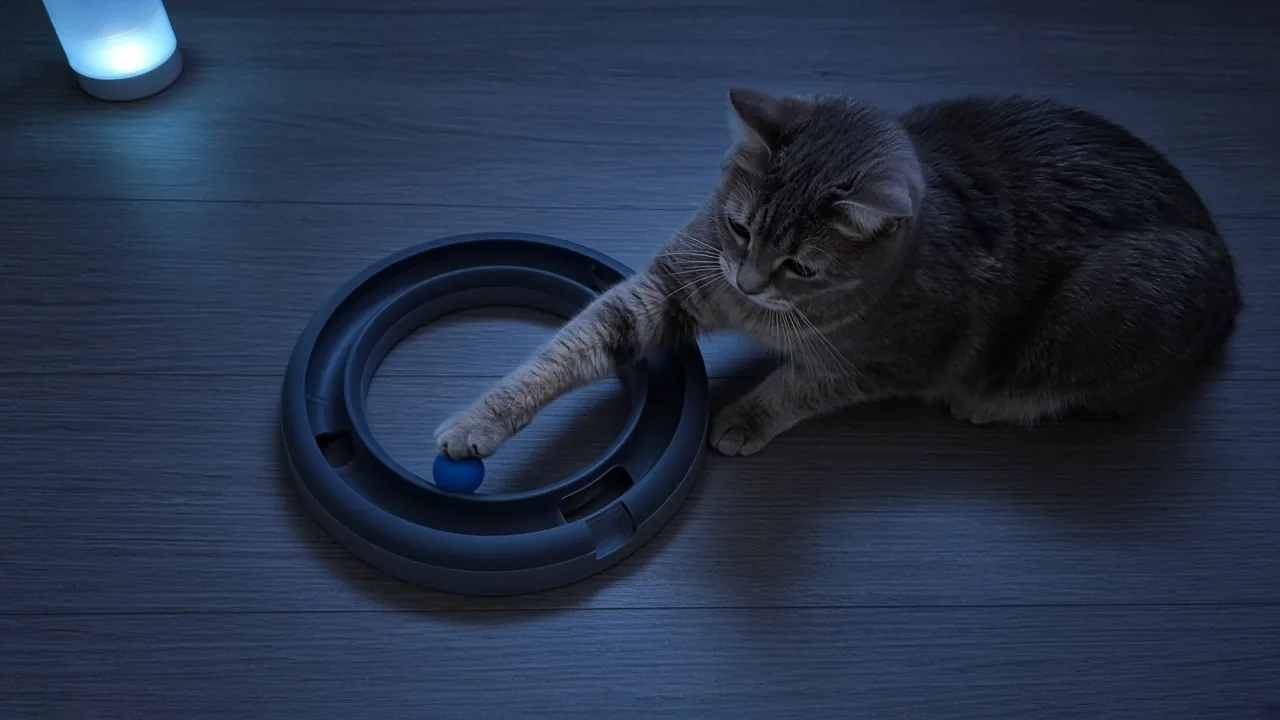 Do senior cats still play with toys? A senior cat bats a ball inside a roller circuit in dim light.