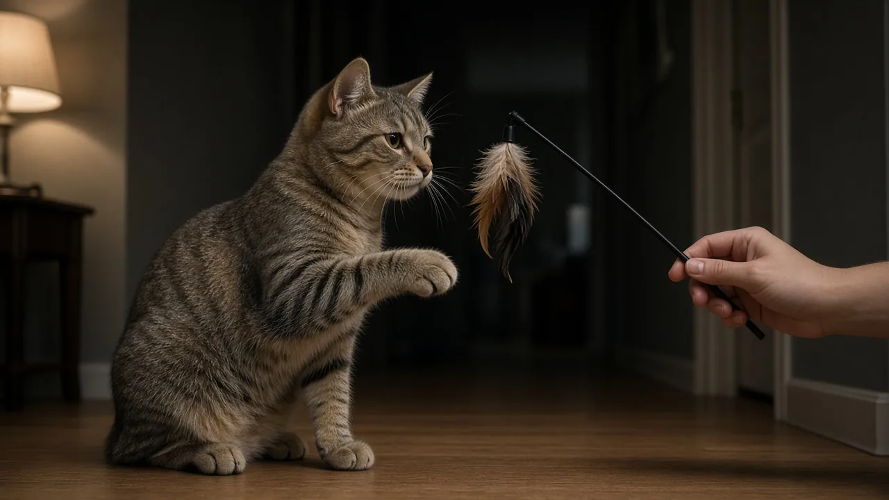 Do senior cats still play with toys? An older cat raises a paw to a close-range wand toy lure.
