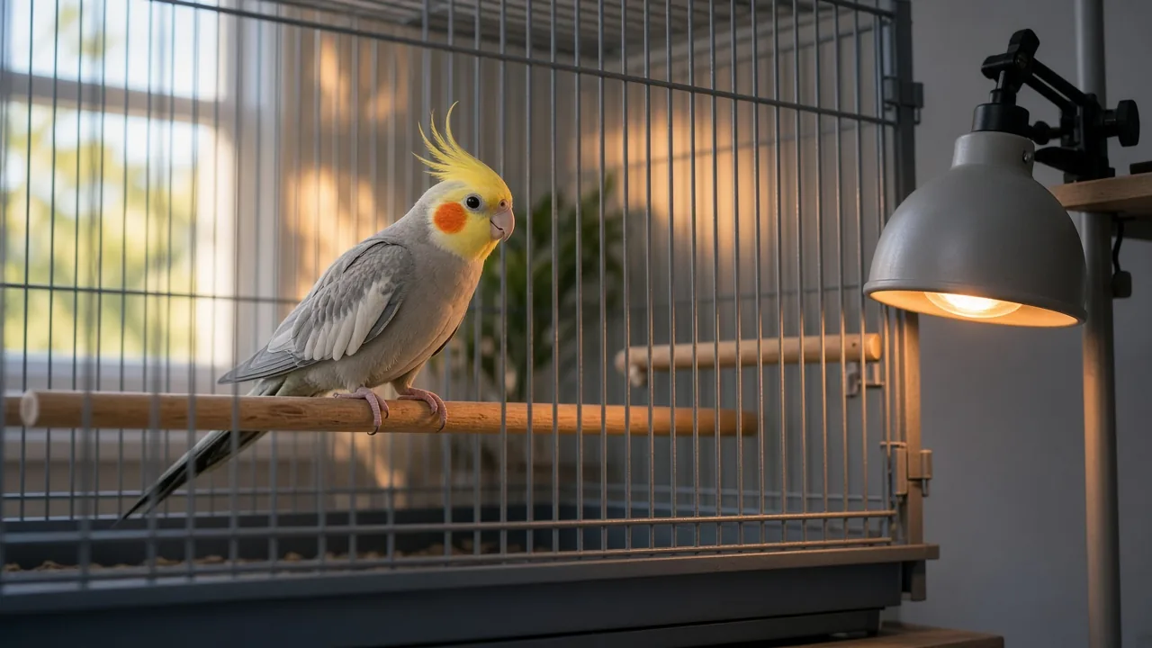 Cockatiel on a perch with a ceramic heat lamp placed safely outside the cage to create a warm zone and a cooler zone