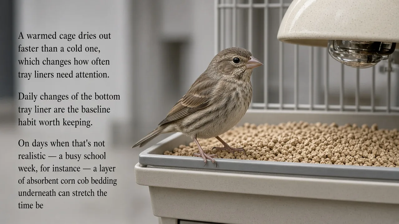 Finch beside a cage tray with fresh corn cob bedding and a ceramic heat lamp nearby, showing bedding and cleanup tips