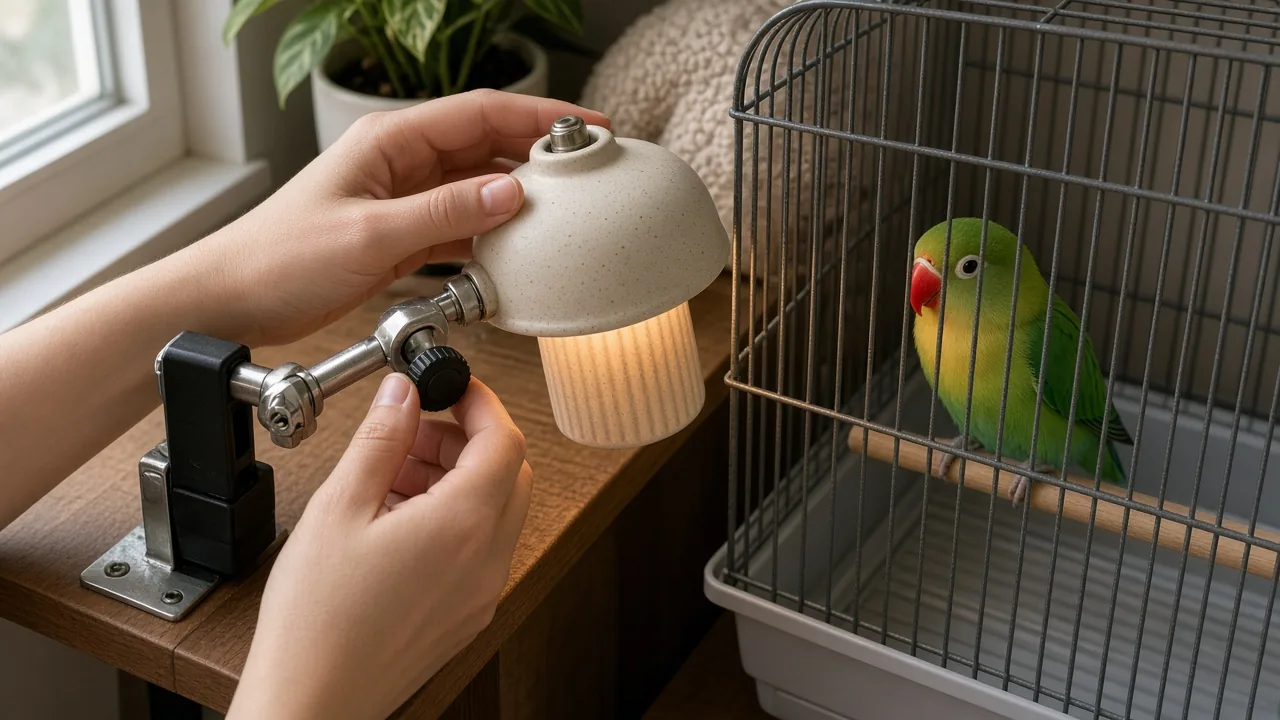 Hands adjusting a ceramic heat lamp clamped beside a lovebird cage, illustrating why ceramic heat lamps are a common heat box