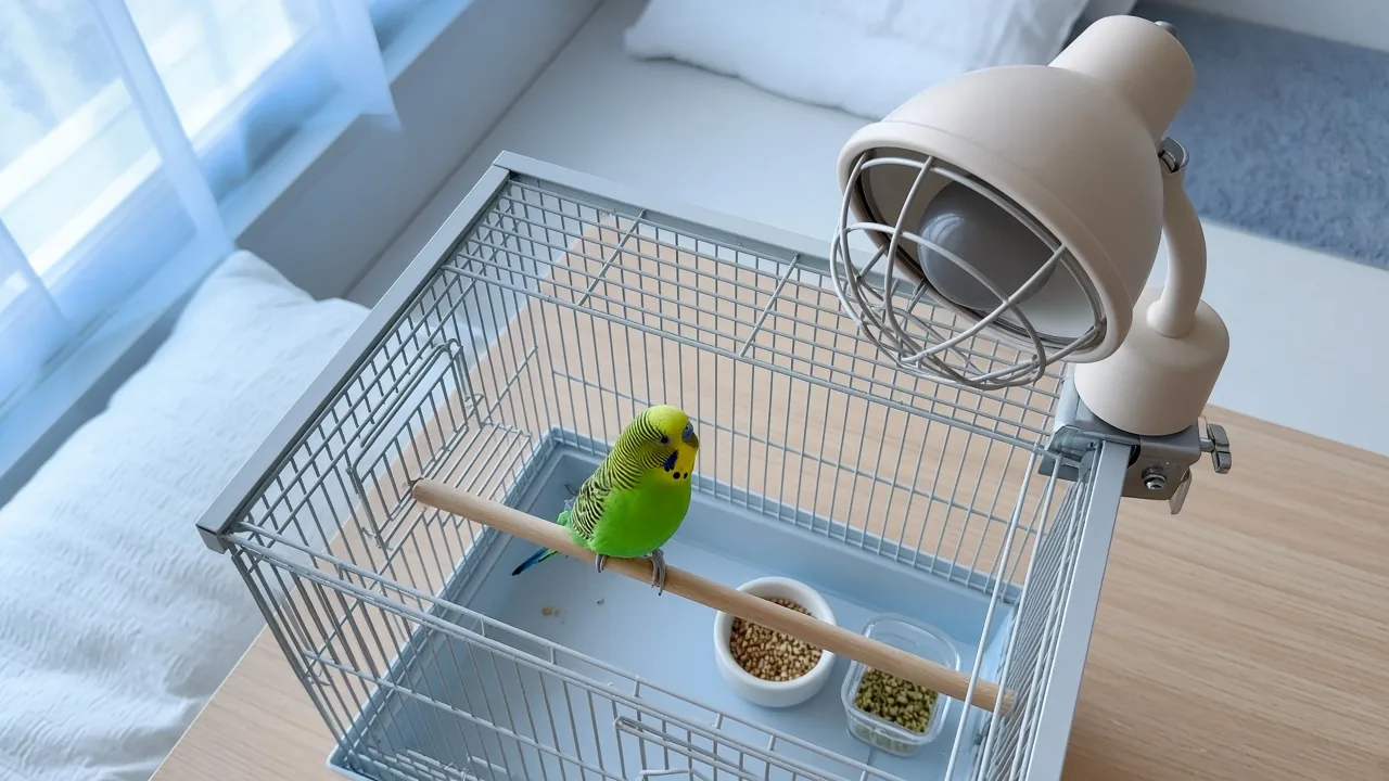 Small green budgie perched inside a cage beside a guarded ceramic heat lamp, showing do birds need a ceramic heat lamp