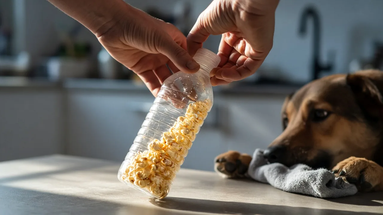 Hands tightening the cap on a plastic water bottle filled with popcorn kernels to make a dog toy