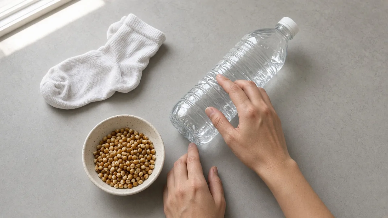Overhead view of a clean sock, empty plastic water bottle and popcorn kernels on a table, the materials for a DIY dog toy