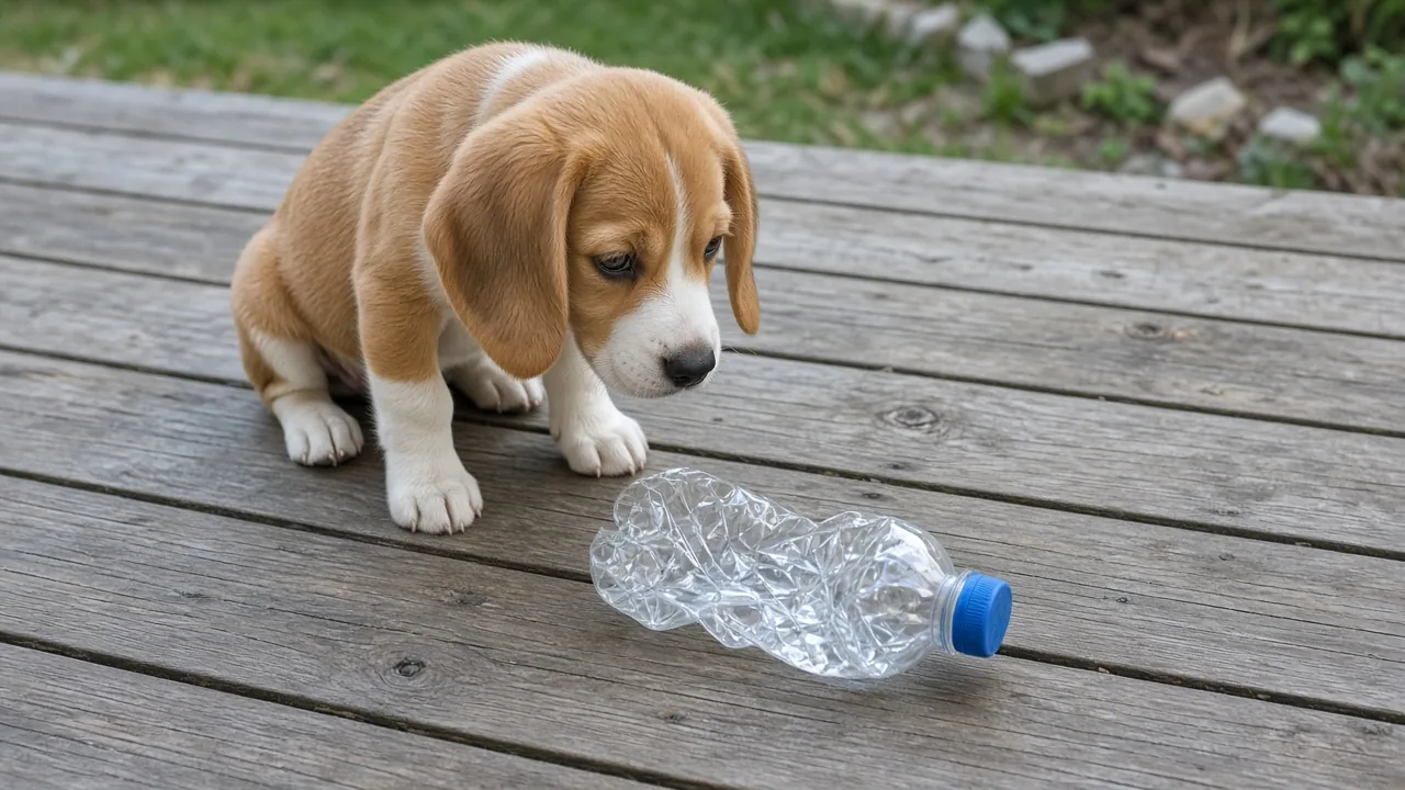 Curious beagle puppy looking at a crumpled plastic water bottle on a backyard patio, illustrating whether a DIY sock water
