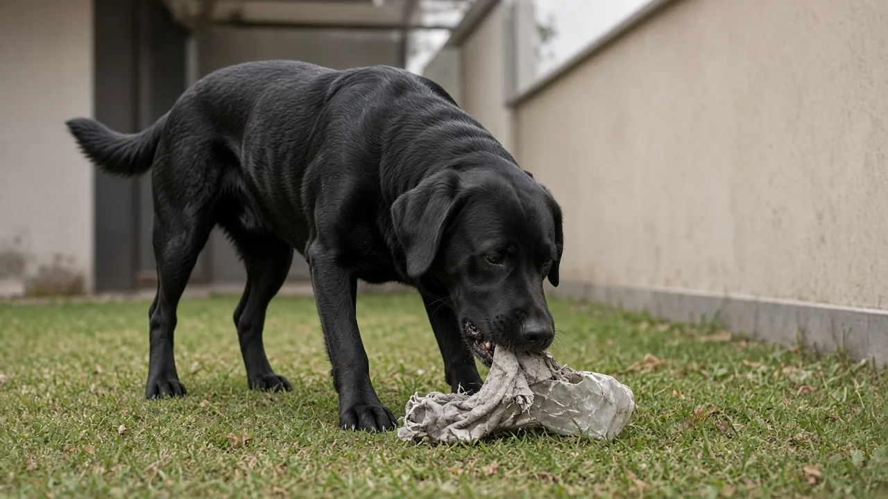 Strong Labrador retriever chewing a torn sock on grass, showing why some dogs should avoid a sock water bottle dog toy