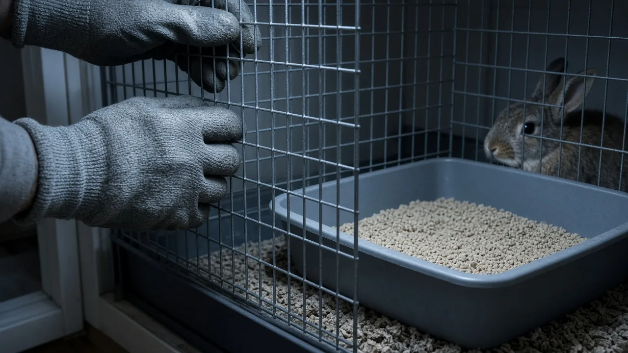 Hands placing a wire barrier beside a litter box to limit a caged rabbit's space during litter training