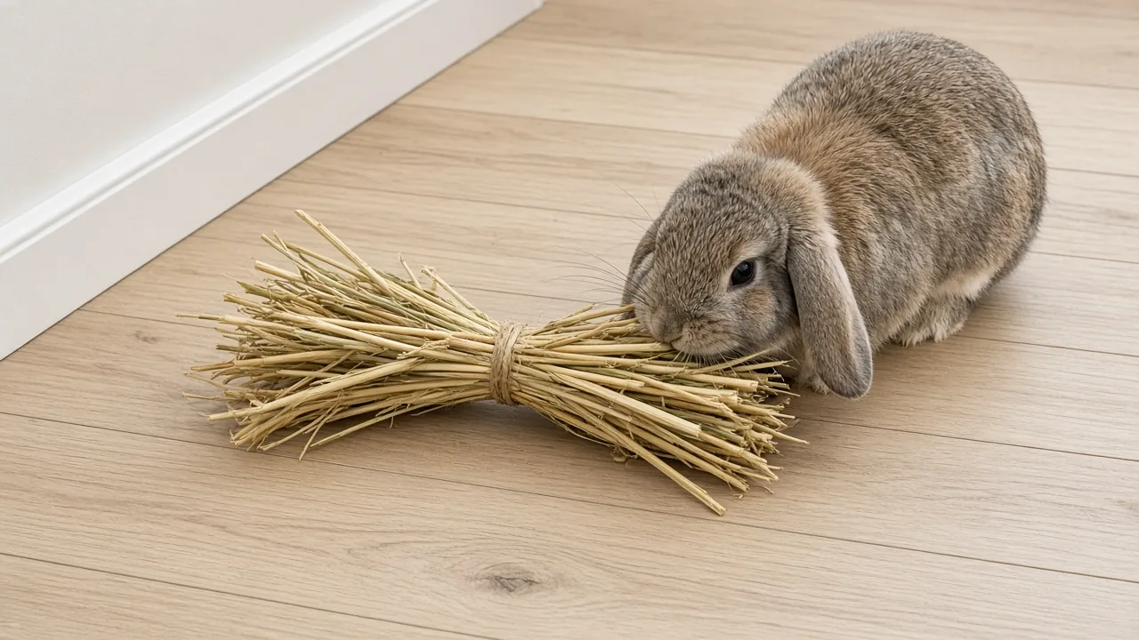 A rabbit chewing an untreated natural straw toy as part of choosing safe chew toys for a caged rabbit