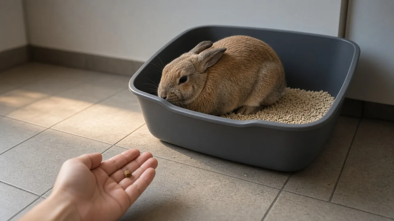 A rabbit crouching in a litter box as a treat is offered as positive reinforcement during litter training