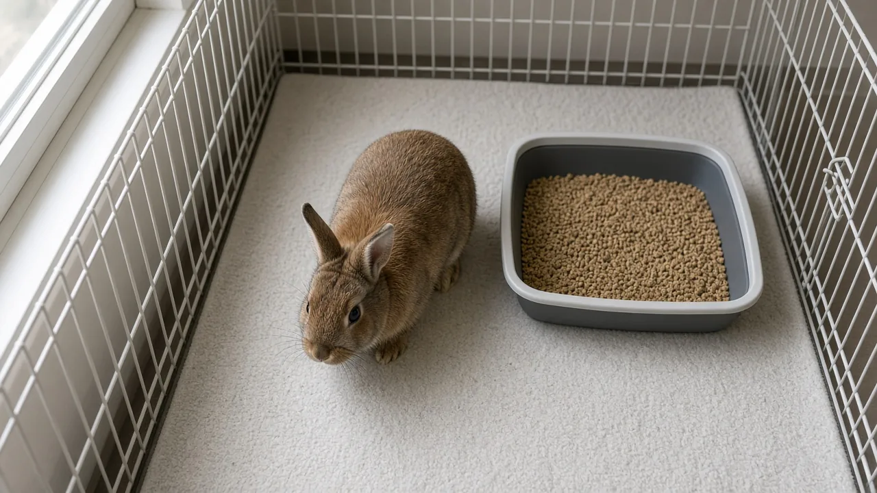 A caged rabbit standing beside a neatly placed litter box, illustrating how to litter train a caged rabbit