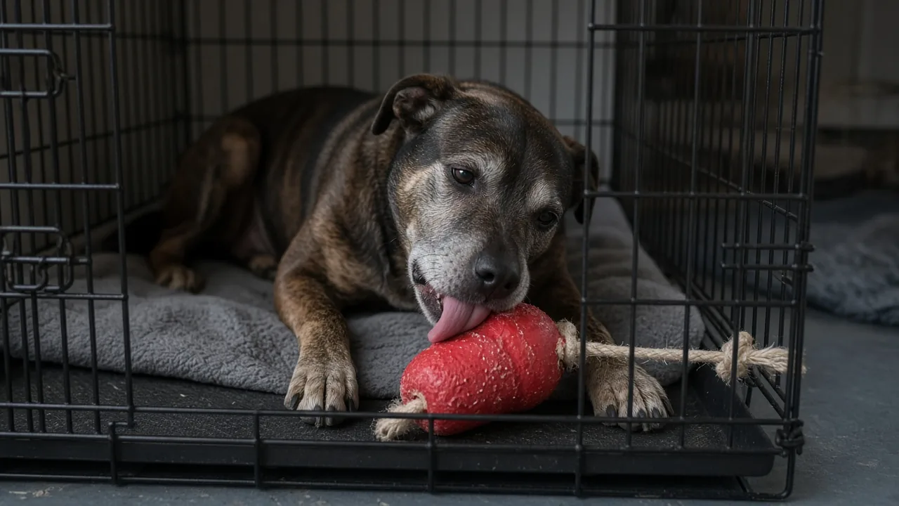 A dog licks a frozen stuffed Kong for dog separation anxiety anchored in a crate.