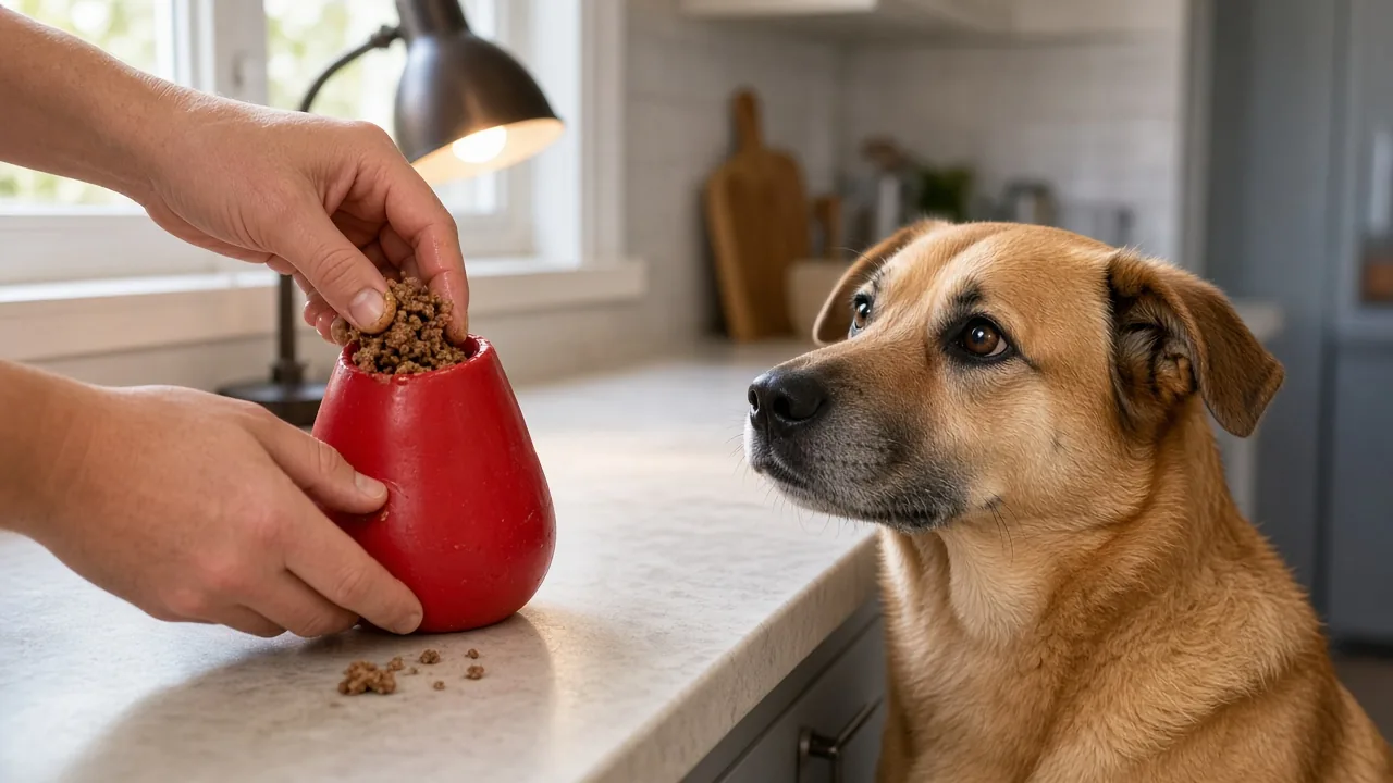 A dog watches hands stuff kibble into a classic Kong, a stuffed Kong for dog separation anxiety.