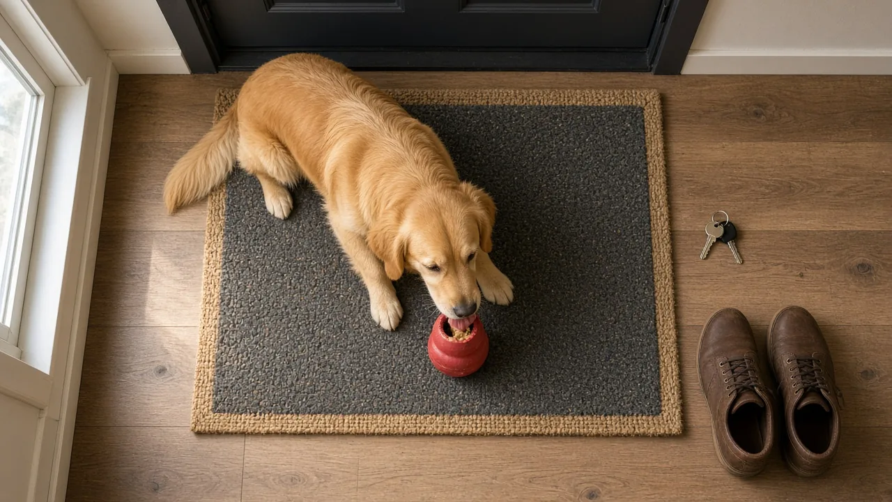 A dog stands on a doormat licking a frozen stuffed Kong, a stuffed Kong for dog separation anxiety.