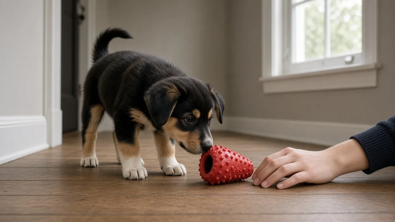 A puppy sniffs a stuffed Kong for dog separation anxiety from a hand on the floor.