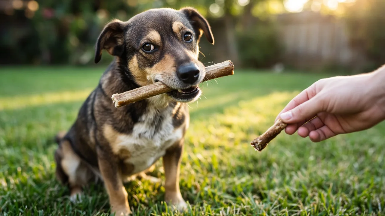 Dog chewing a bully stick on a backyard lawn, an example of a long lasting dog chew toy with supervision
