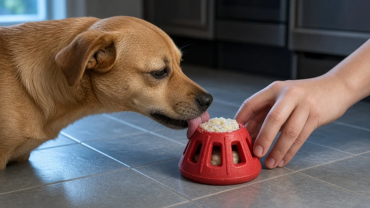 Dog licking a frozen stuffed Kong dog chew toy on a kitchen floor, a long lasting dog chew toy for mental enrichment