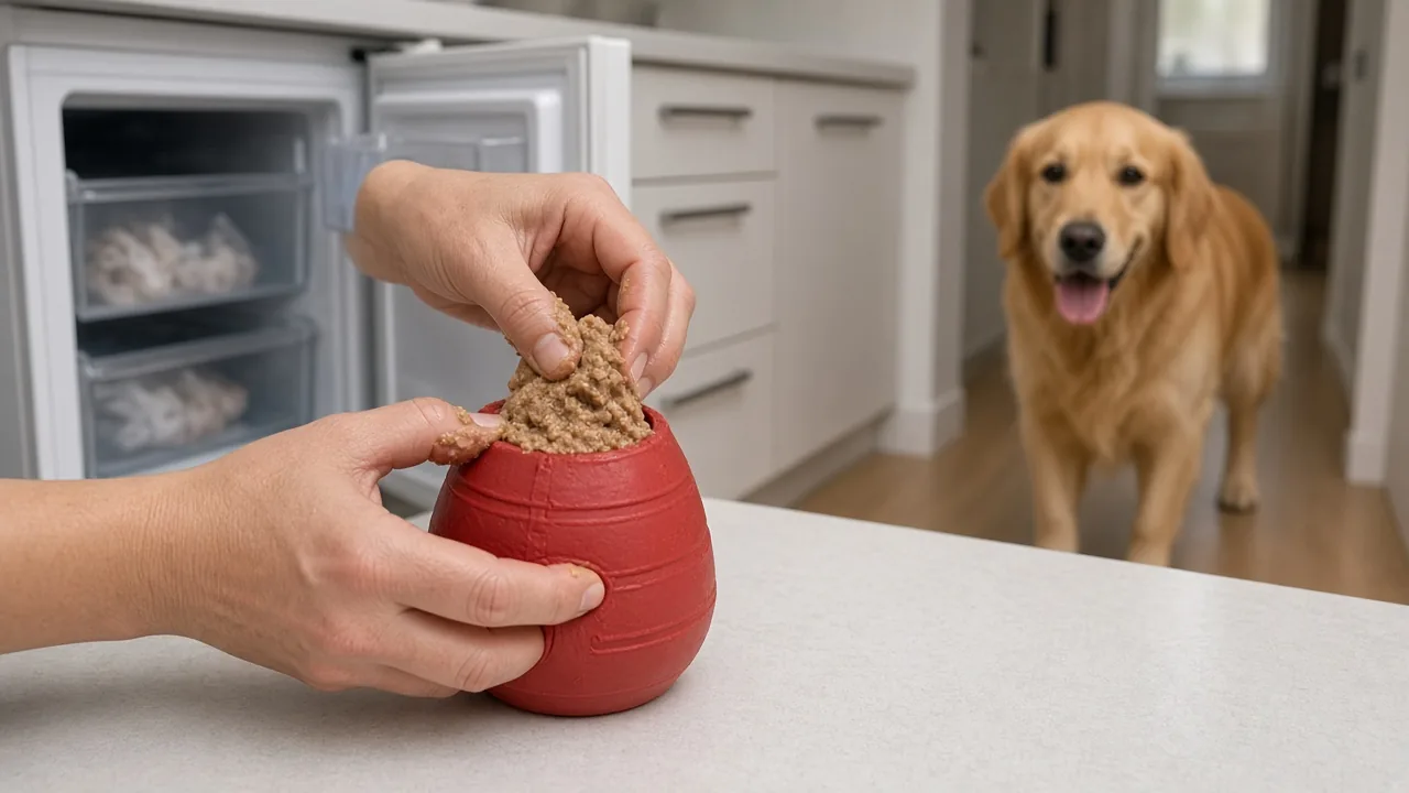 Hands stuffing a Kong with wet food before freezing, a dog chew toy preparation step for long lasting dog chew toys