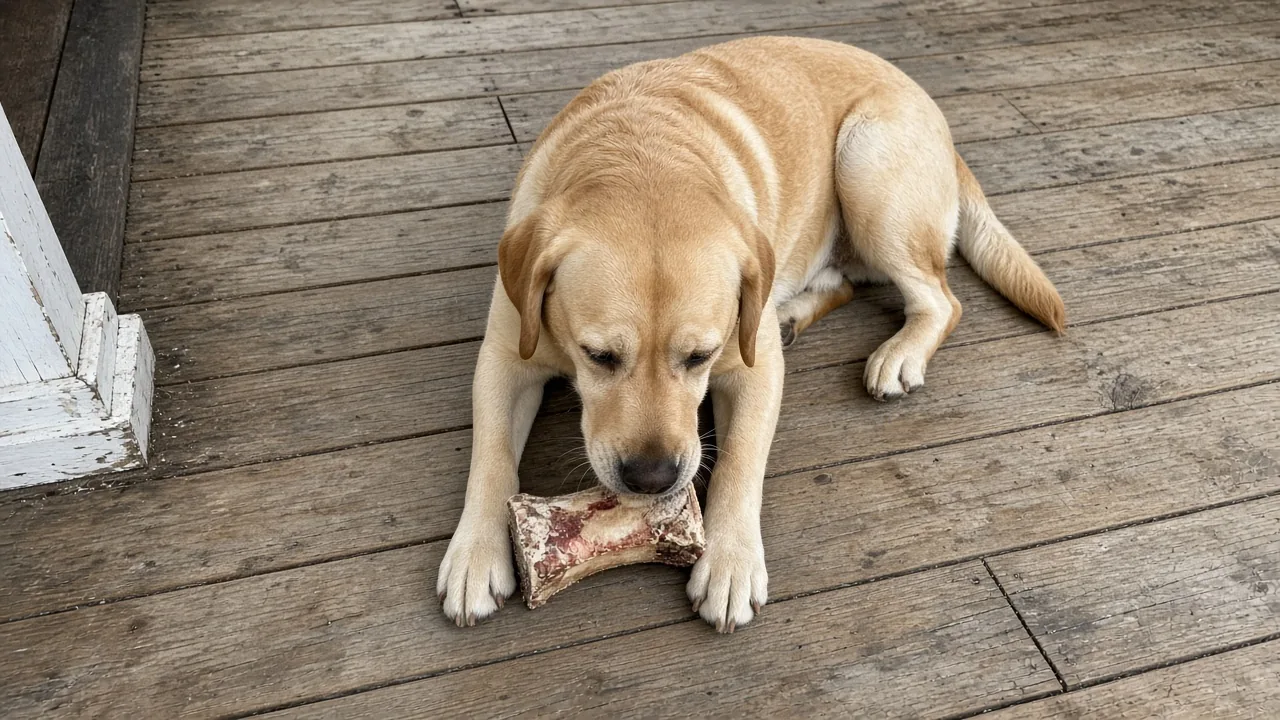 Adult dog chewing a long lasting dog chew toy on a wooden porch, showing the best long lasting dog chew toys ranked by