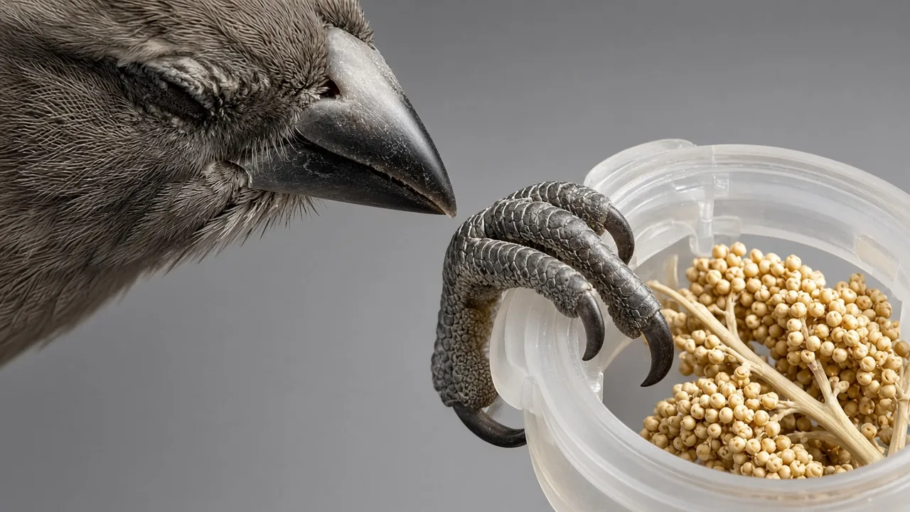 Close-up of a bird's toes gripping the edge of a millet spray holder to check for sharp edges and gaps