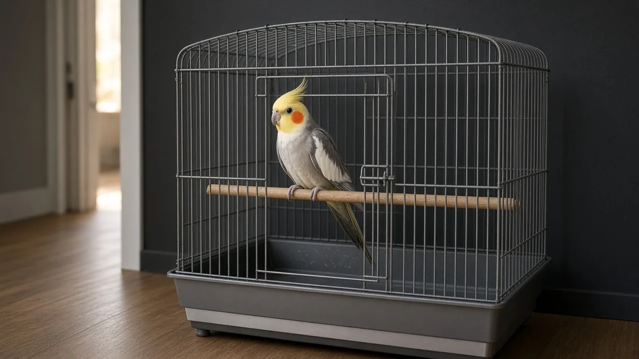 Cockatiel inside a bird cage with a spill guard base that limits seed mess