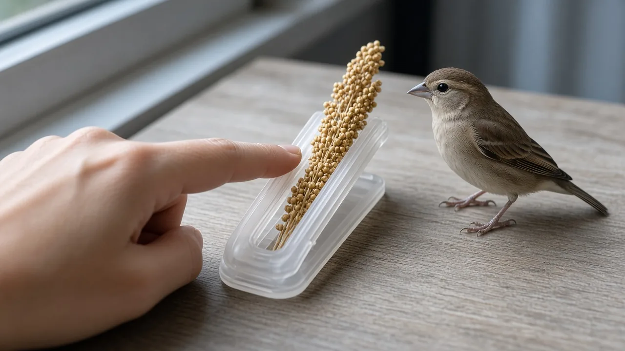 Hand running a finger along the edge of a millet spray holder to inspect it for sharp edges