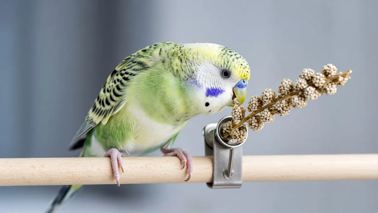 A budgie perched on a cage bar eating millet spray from a metal holder, illustrating whether a millet spray holder is safe