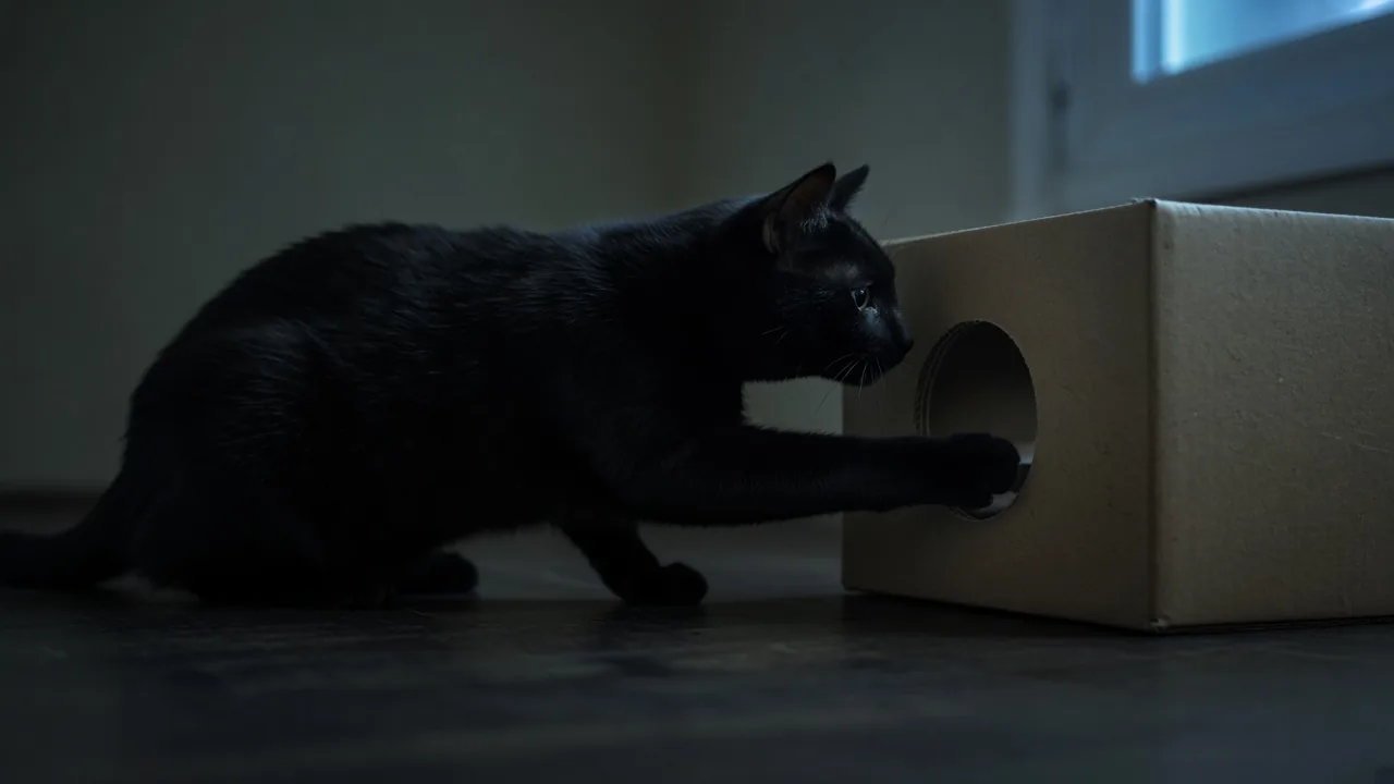 Black cat peeking around the side hole of a cardboard box cat toy