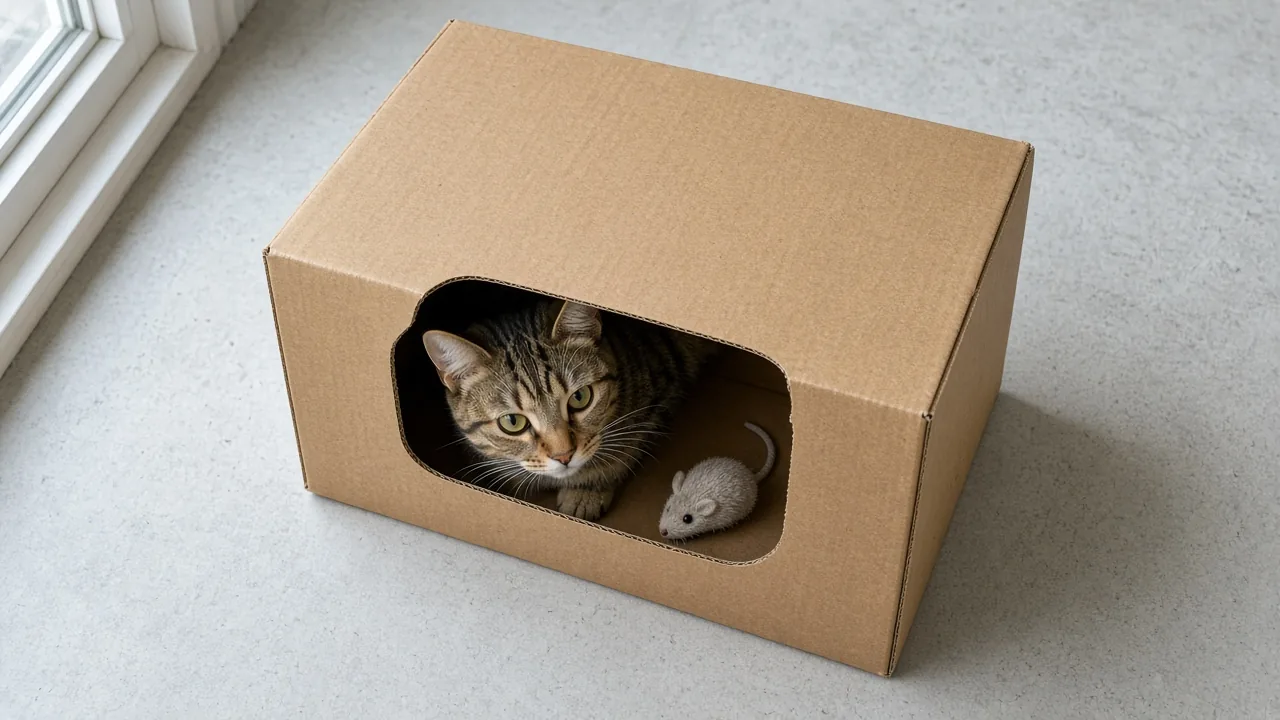 Cat peeking out of a DIY cardboard box toy for cats with an off-center hole
