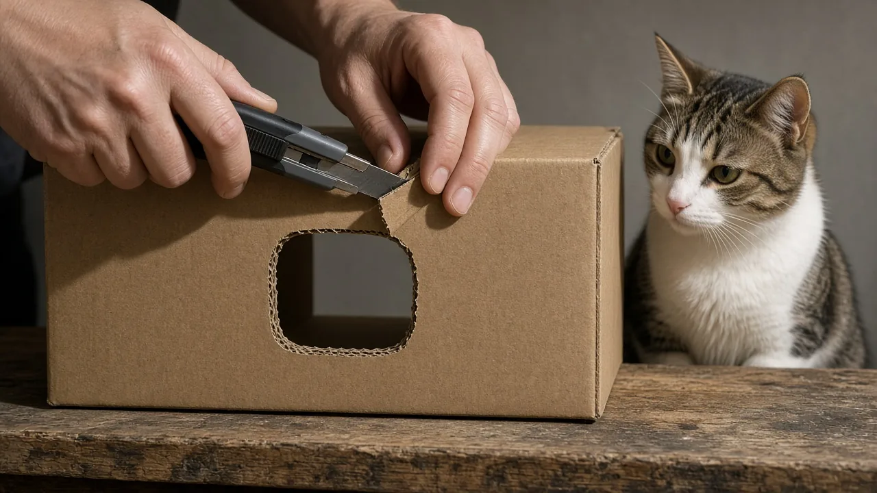 Hands cutting an off-center hole in a cardboard box to make a DIY cat toy