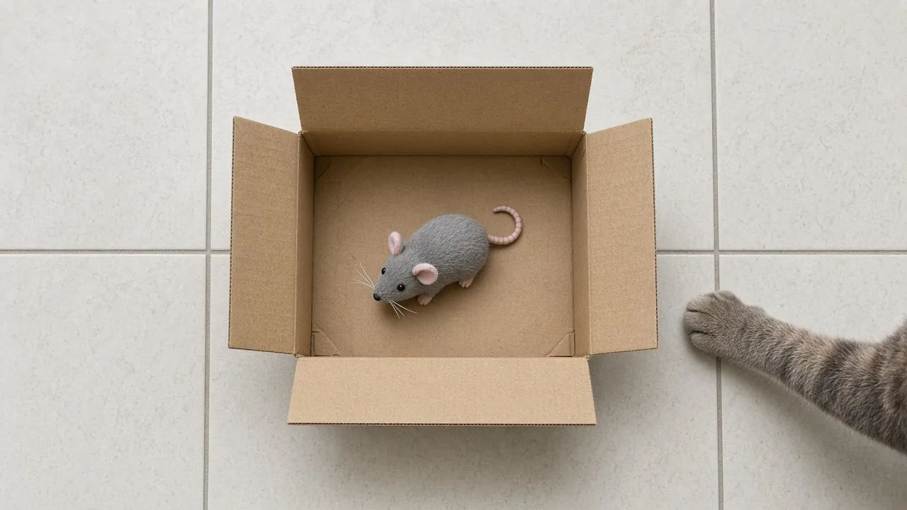 Small mouse toy placed inside a cardboard box cat toy with a cat's paw reaching in