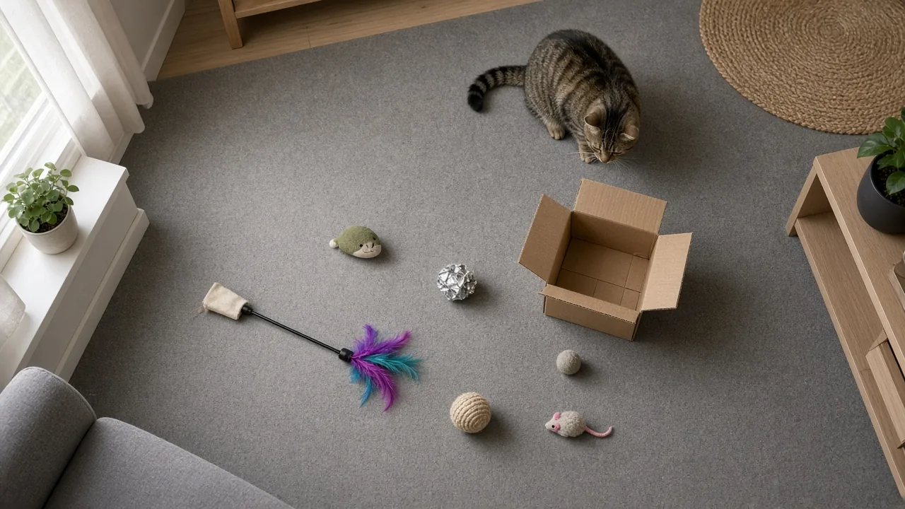 Assortment of expensive cat toys and free household items like a cardboard box and foil ball scattered on the floor for a cat