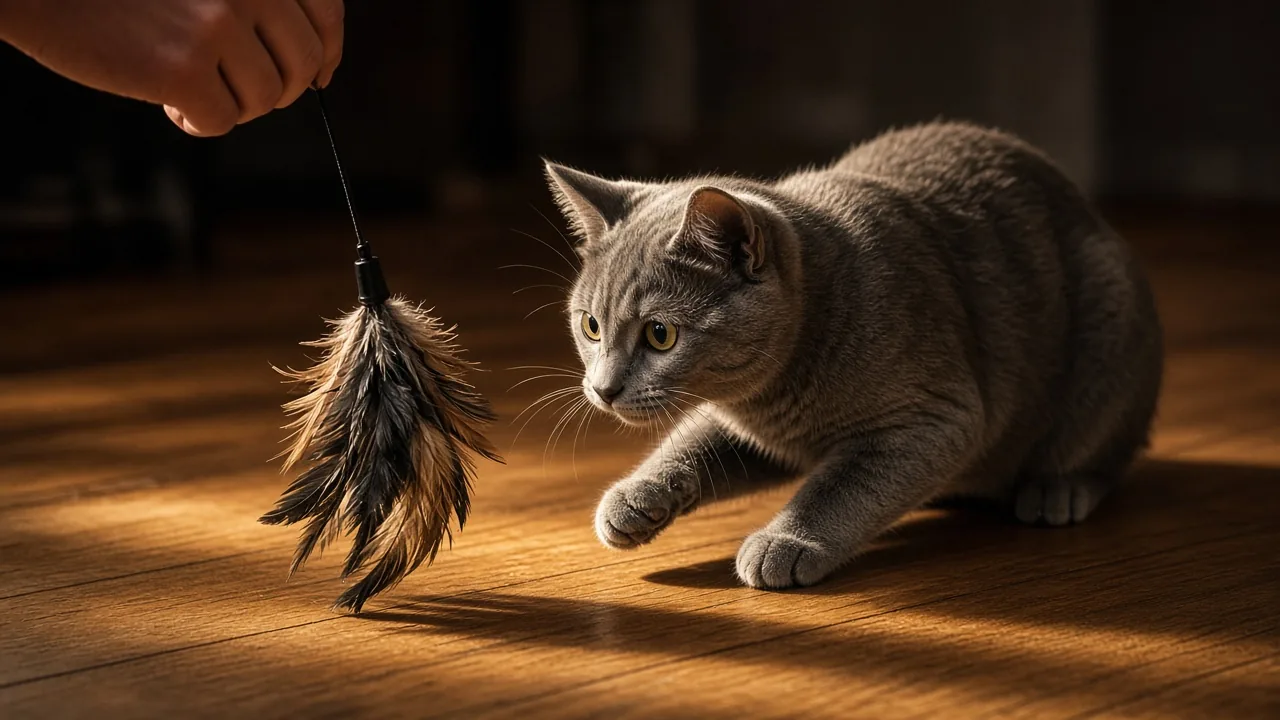 Cat chasing a feather wand cat toy held by a hand during interactive play