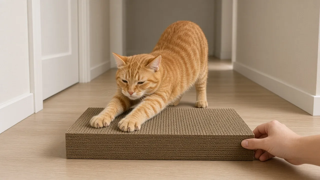 Cat scratching a sturdy cardboard scratcher placed on the floor of a bright room