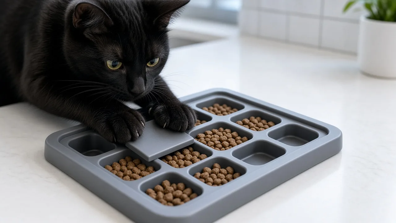 Cat working on a puzzle feeder with kibble hidden in compartments to slow eating