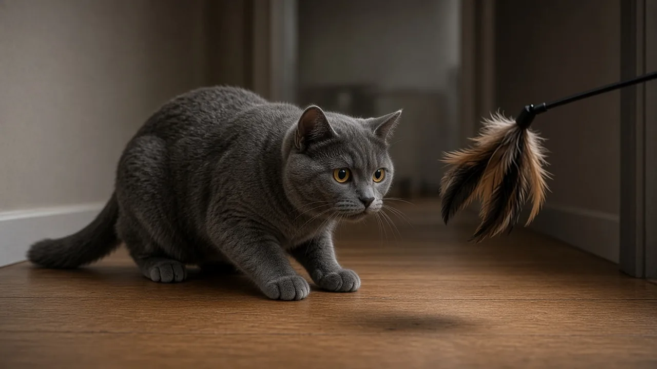 Cat stalking a feather wand teaser toy during supervised play, a safer choice than hanging spring cat toys
