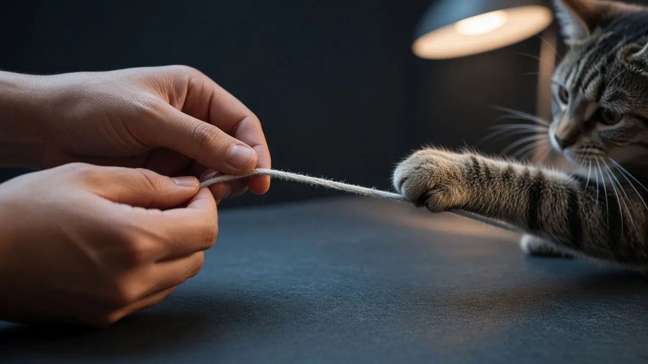 Hands inspecting an elastic cord on a hanging spring cat toy for fraying before play