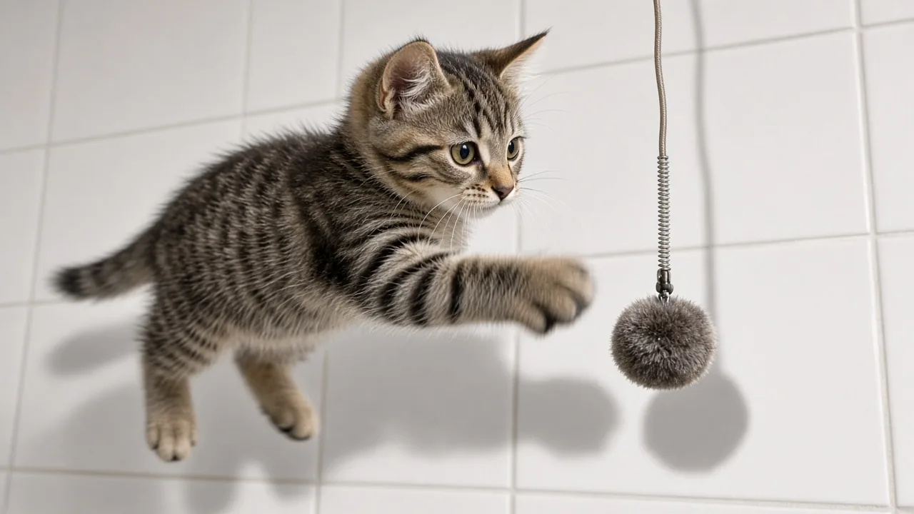 Kitten batting an elastic spring cat toy, showing why are hanging spring cat toys safe is a common concern