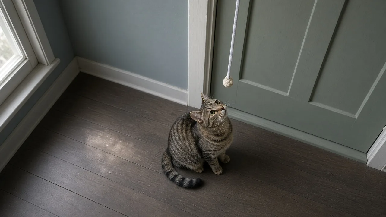 Cat sitting and watching a hanging spring cat toy from a doorway, illustrating whether are hanging spring cat toys safe for