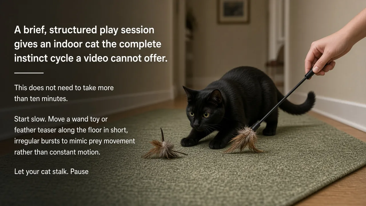 A black cat stalking a feather teaser toy held by a hand across an indoor rug during a short play session