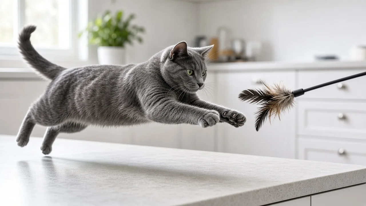 A gray cat pouncing on a feather wand toy on a kitchen counter, showing a physical toy hunt