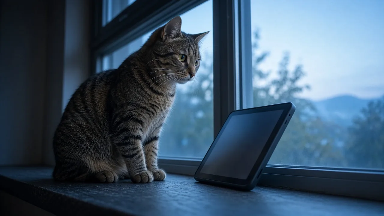 A tabby cat sitting alert on a windowsill, watching a tablet screen during a cat mouse hunting video