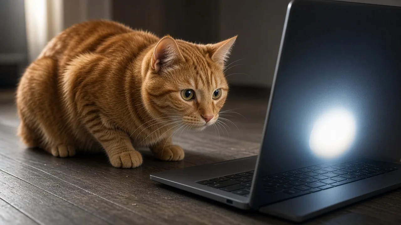 An orange cat crouched on a wooden floor, staring at a laptop screen playing a mouse hunting video