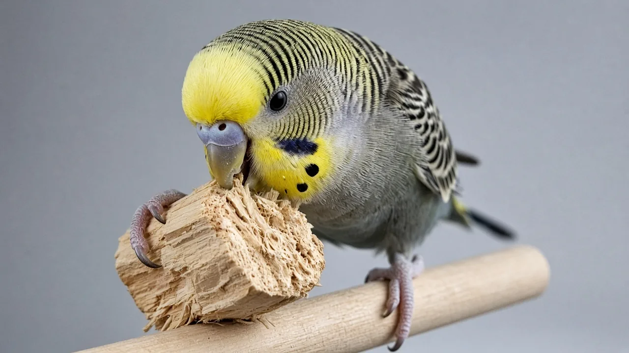 A budgie biting a soft yucca chew, why do parrots need shreddable chew toys