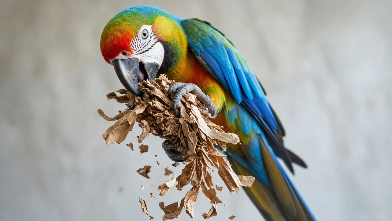 A parrot tearing a paper fiber toy, showing why do parrots need shreddable chew toys