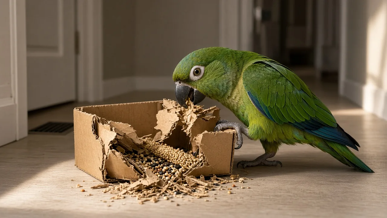 A parrot shredding a cardboard foraging box, why do parrots need shreddable chew toys