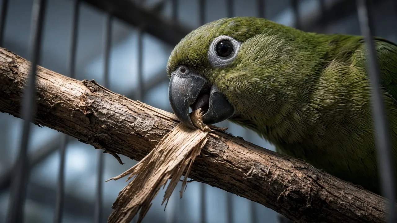 A parrot stripping bark from a branch, why do parrots need shreddable chew toys