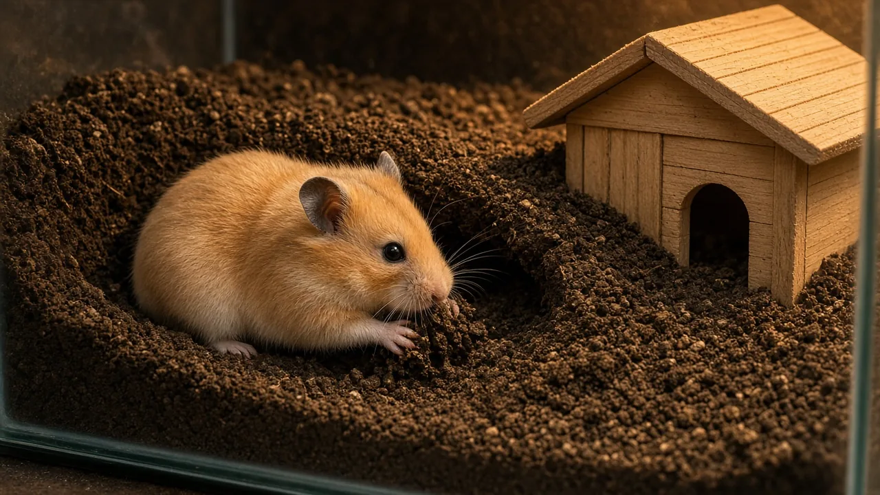 Hamster digging a side tunnel beside a small wooden house in a tank, why does my hamster keep digging out of its house