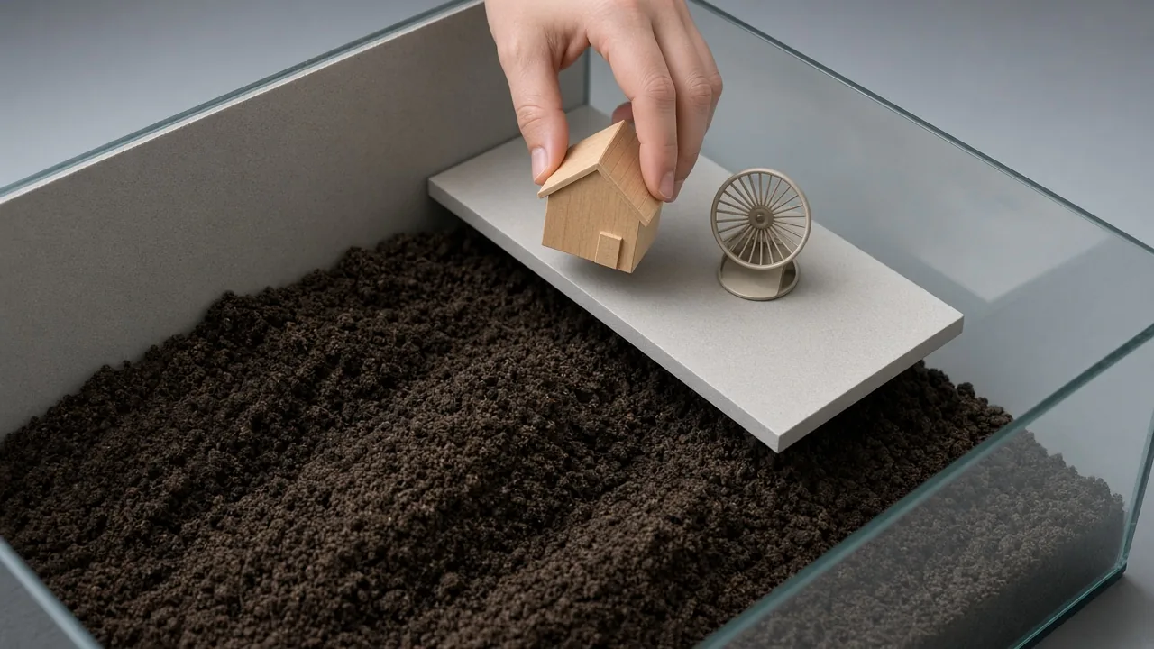Hand placing a wooden house on a raised platform above deep soil in a hamster tank, why does my hamster keep digging out of
